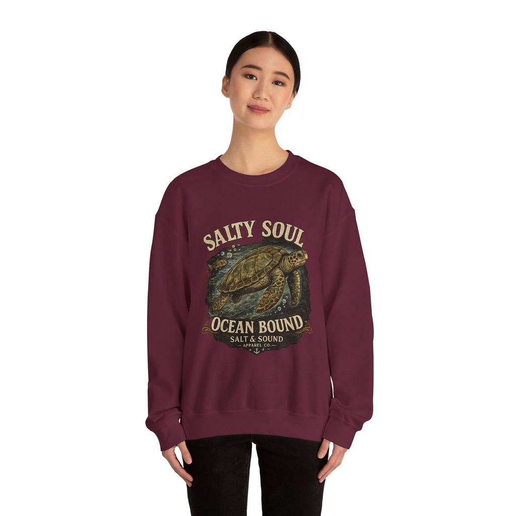 Sea Turtle Crewneck Sweatshirt - "Salty Soul Ocean Bound" Vintage Coastal Pullover