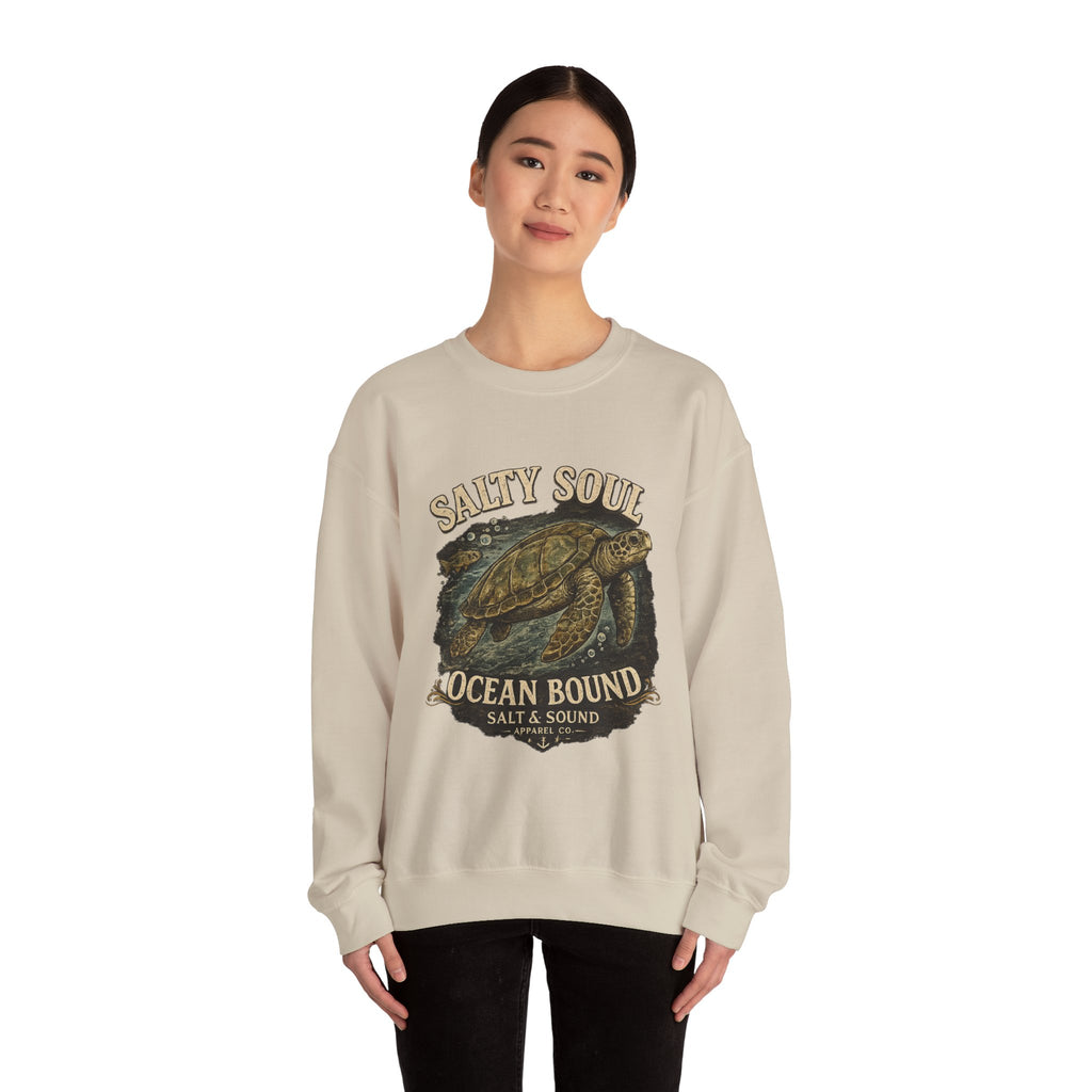 Sea Turtle Crewneck Sweatshirt - "Salty Soul Ocean Bound" Vintage Coastal Pullover