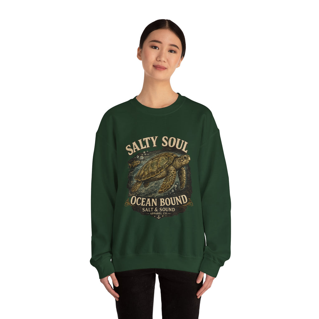 Sea Turtle Crewneck Sweatshirt - "Salty Soul Ocean Bound" Vintage Coastal Pullover