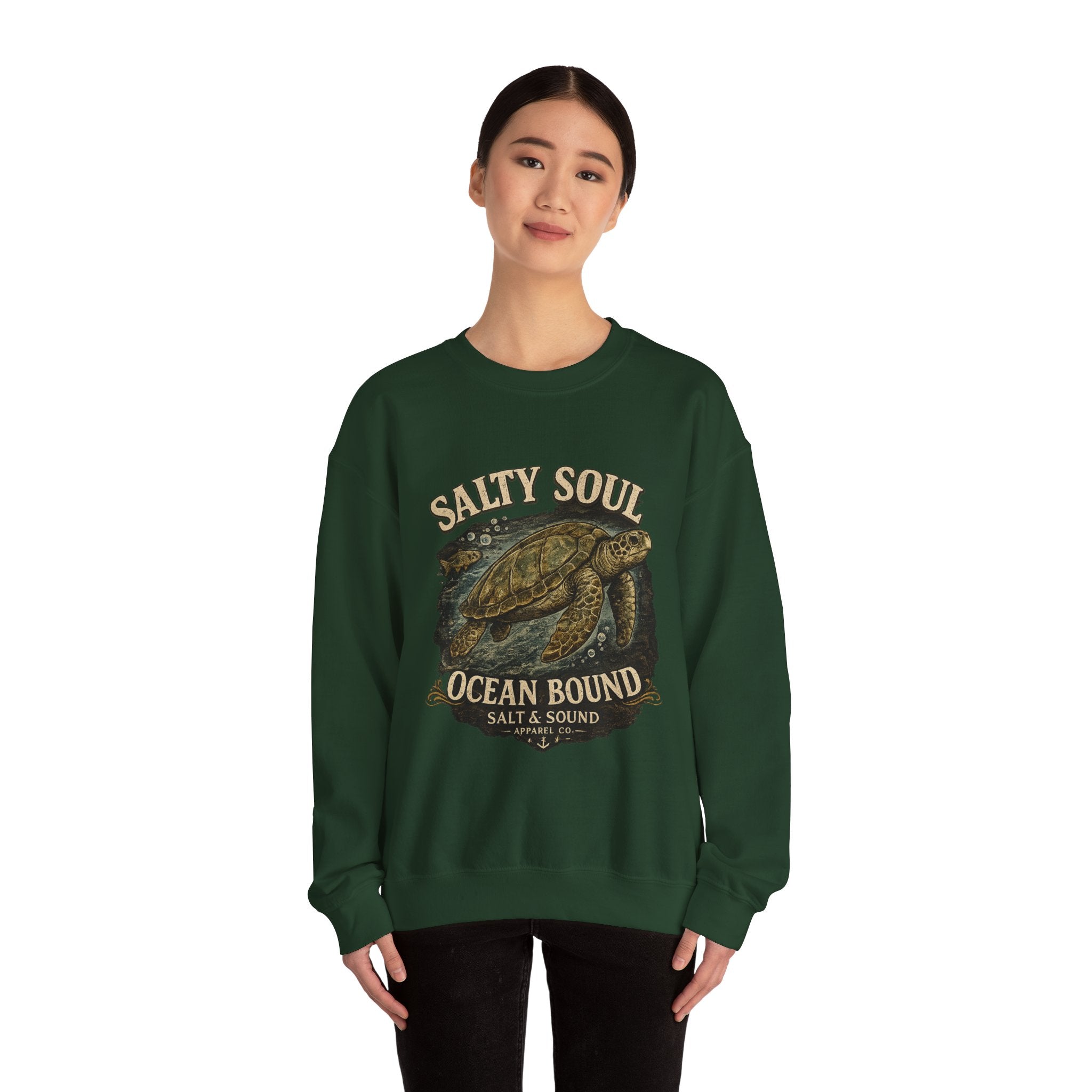 Sea Turtle Crewneck Sweatshirt - "Salty Soul Ocean Bound" Vintage Coastal Pullover