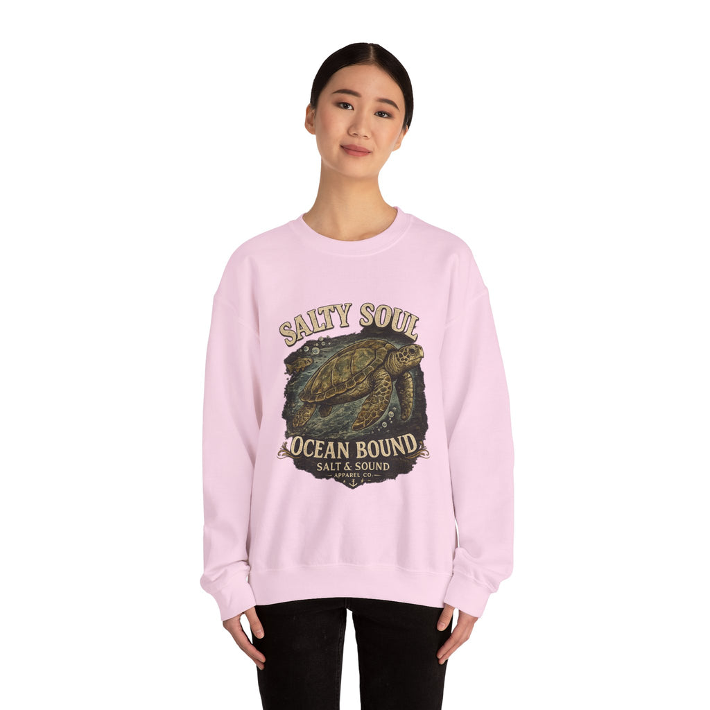 Sea Turtle Crewneck Sweatshirt - "Salty Soul Ocean Bound" Vintage Coastal Pullover