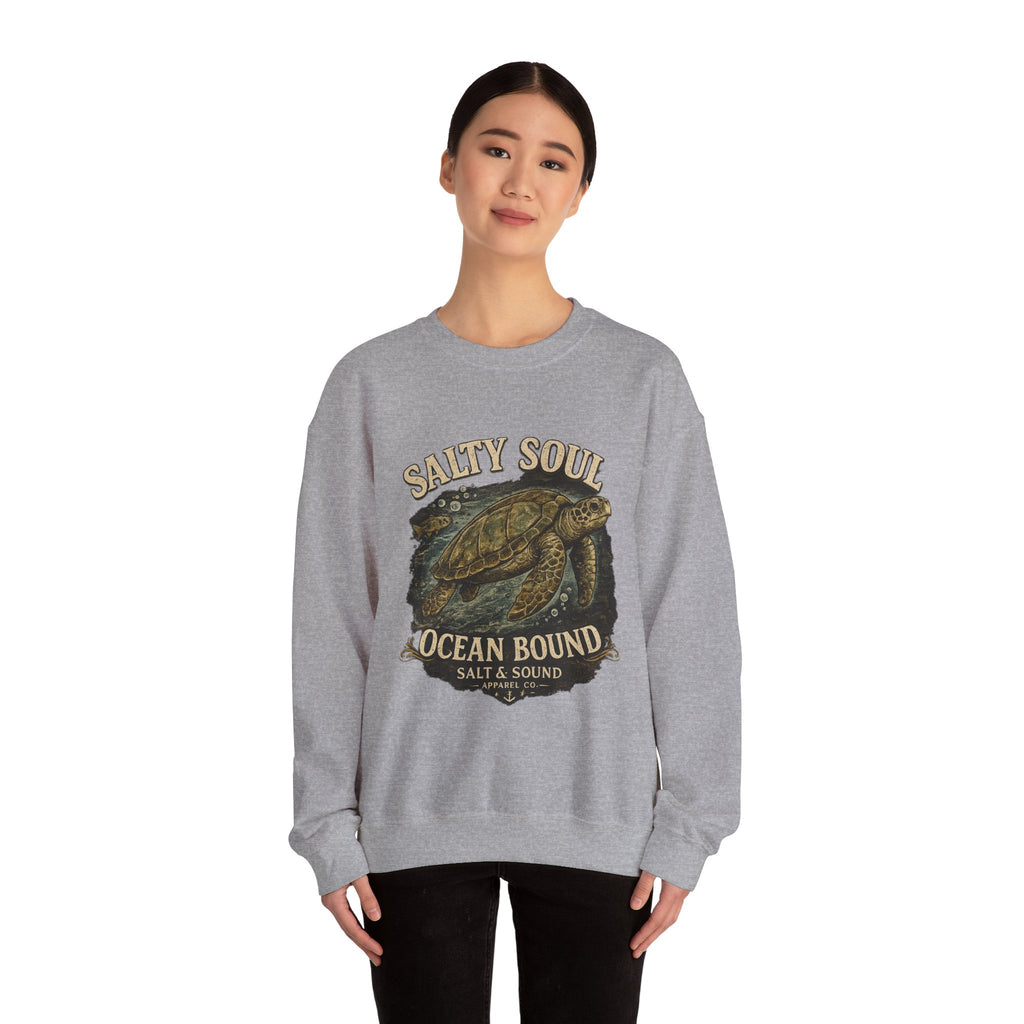 Sea Turtle Crewneck Sweatshirt - "Salty Soul Ocean Bound" Vintage Coastal Pullover