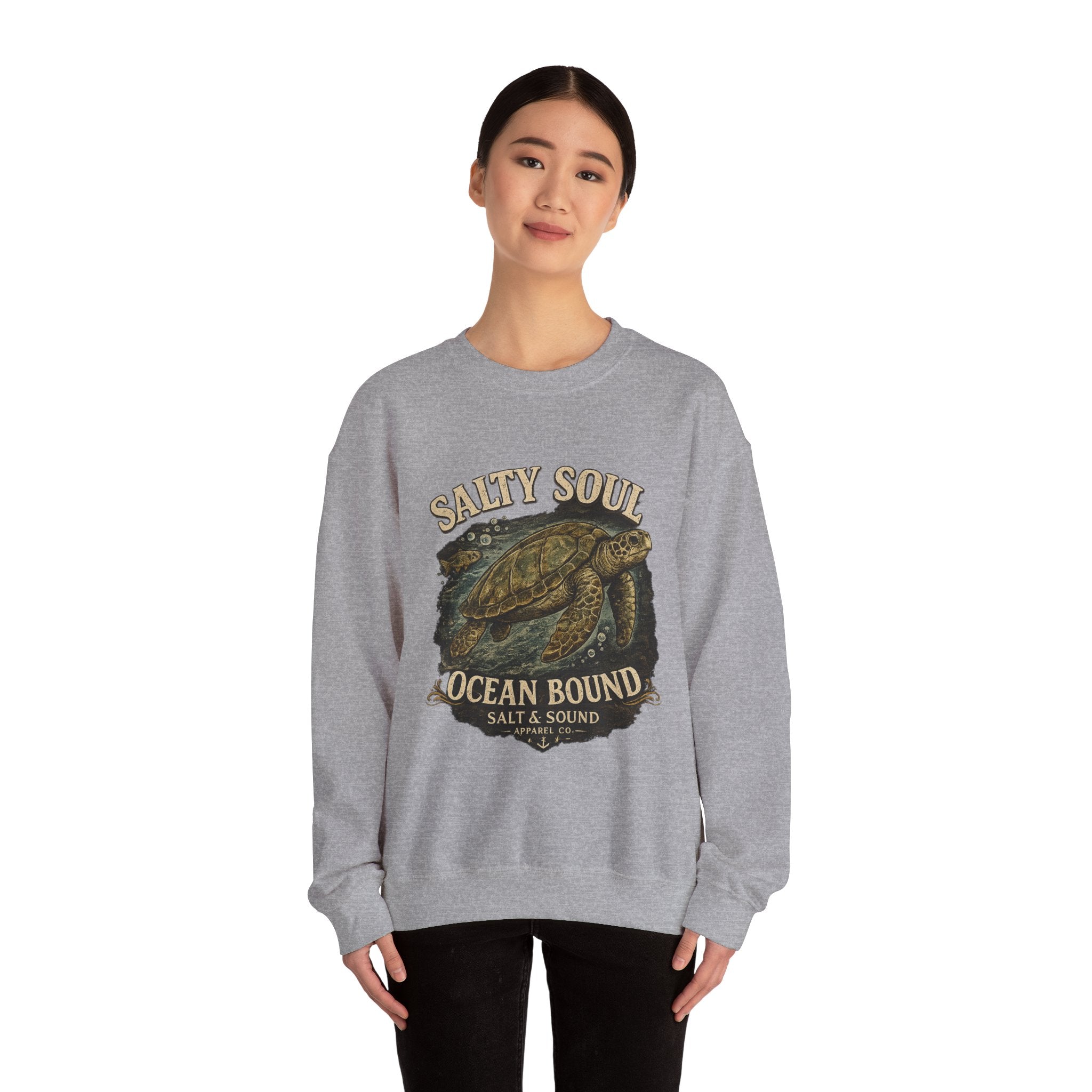 Sea Turtle Crewneck Sweatshirt - "Salty Soul Ocean Bound" Vintage Coastal Pullover