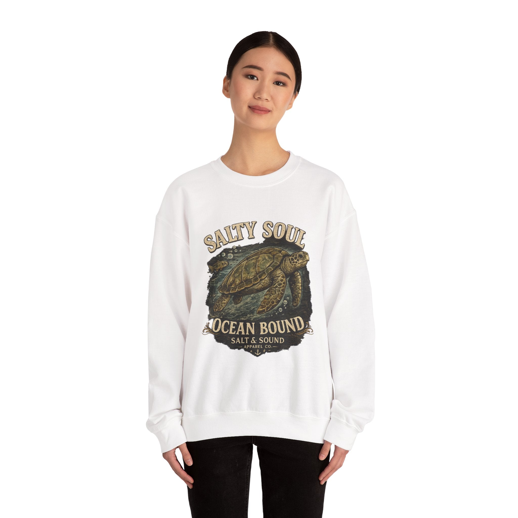 Sea Turtle Crewneck Sweatshirt - "Salty Soul Ocean Bound" Vintage Coastal Pullover