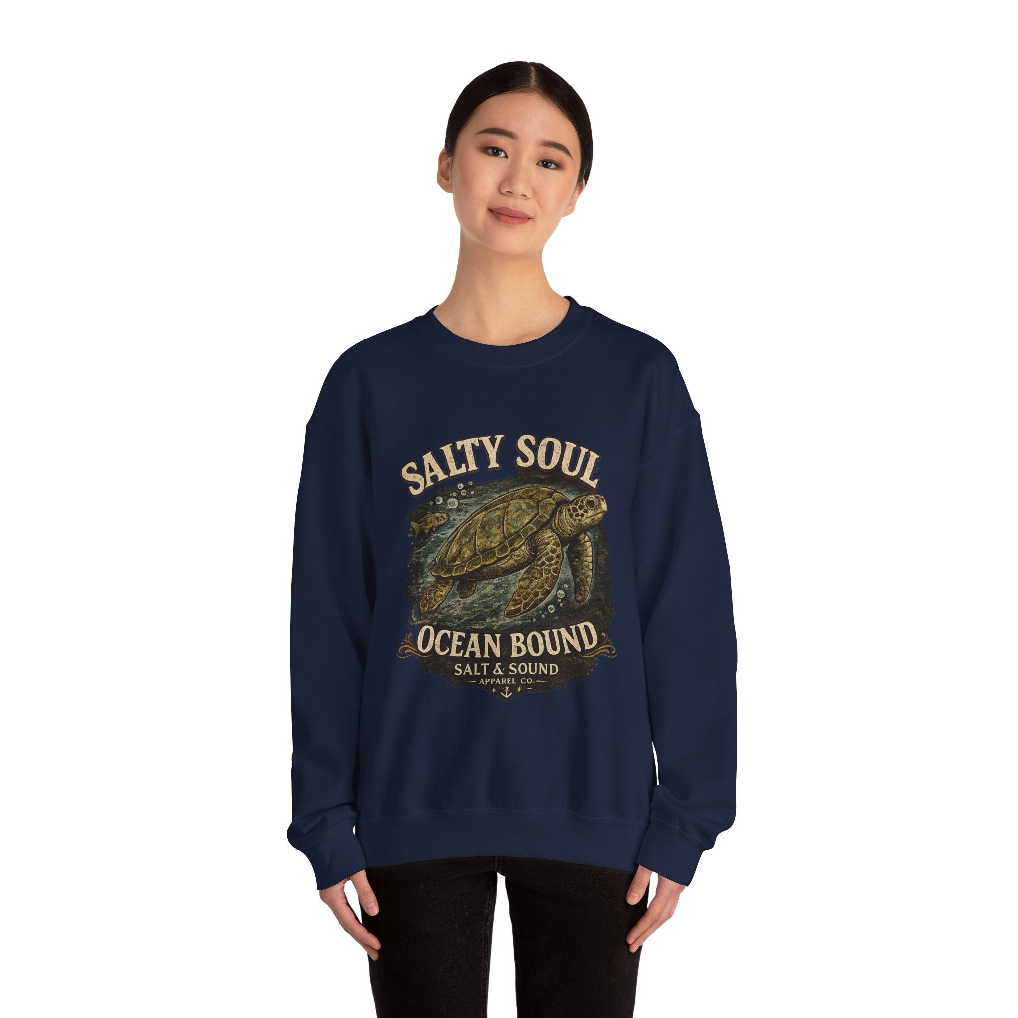 Sea Turtle Crewneck Sweatshirt - "Salty Soul Ocean Bound" Vintage Coastal Pullover