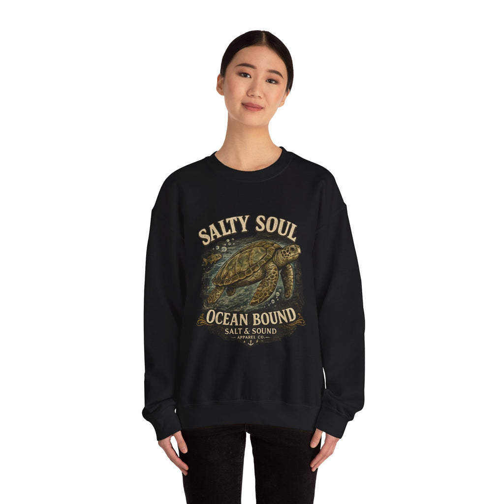 Sea Turtle Crewneck Sweatshirt - "Salty Soul Ocean Bound" Vintage Coastal Pullover