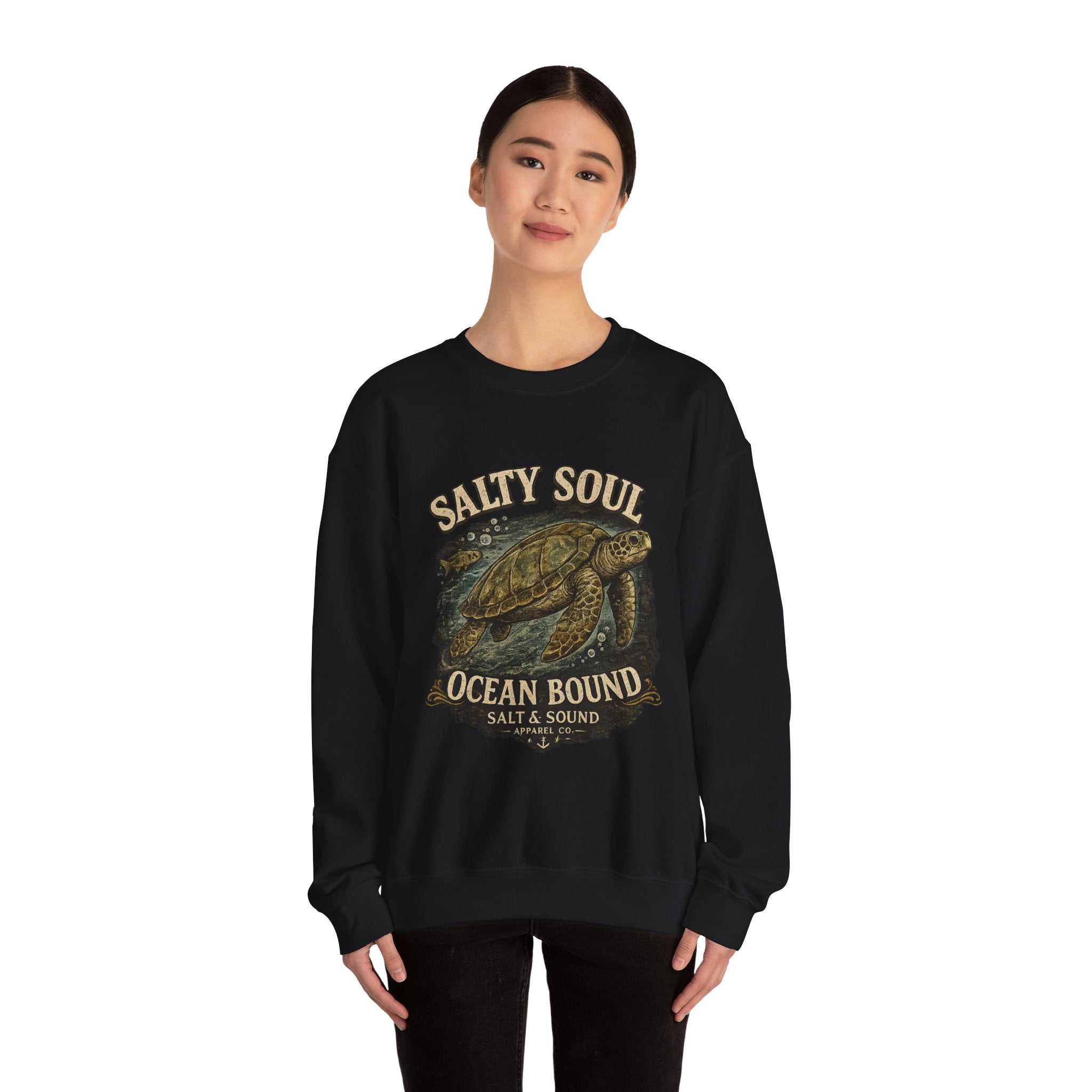 Sea Turtle Crewneck Sweatshirt - "Salty Soul Ocean Bound" Vintage Coastal Pullover