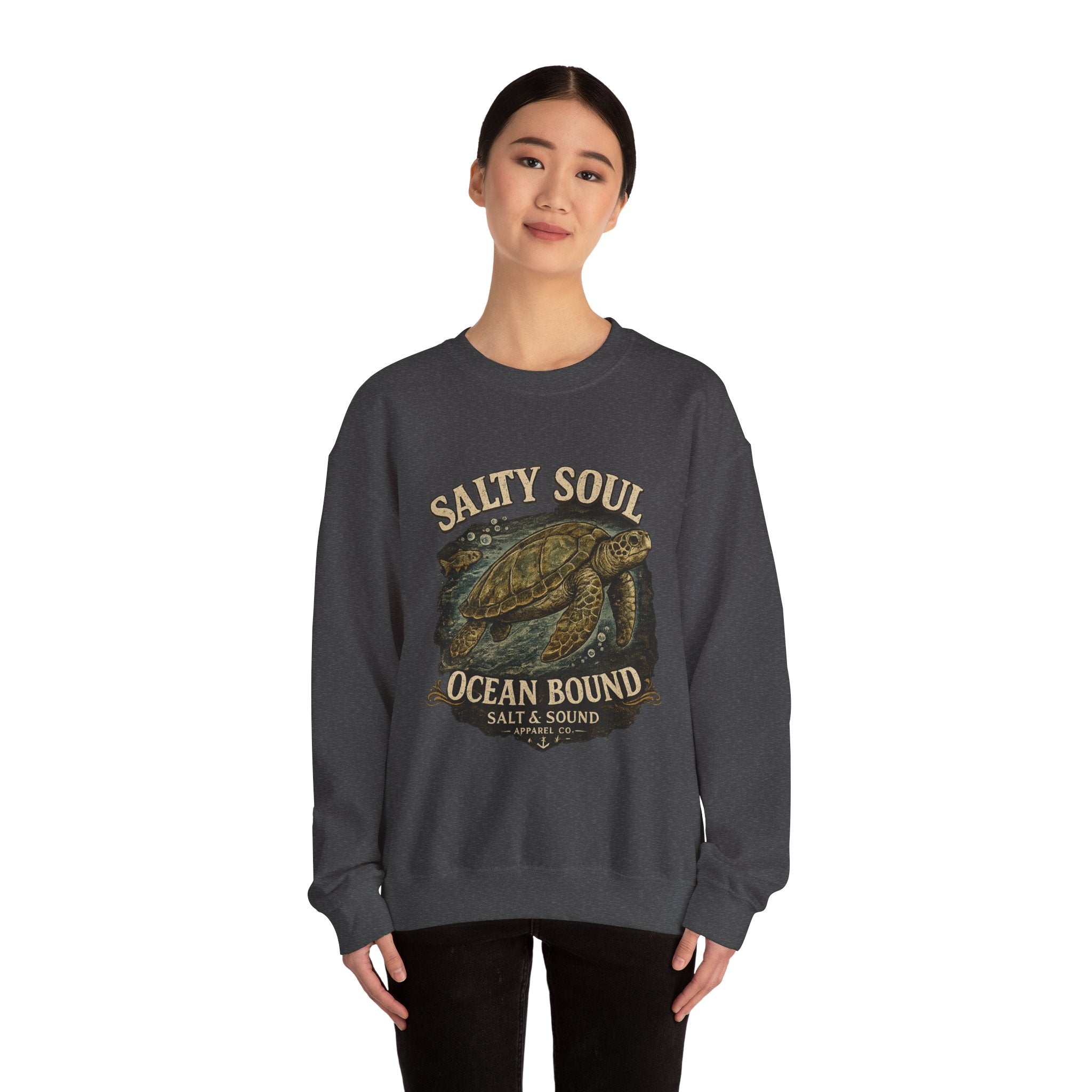 Sea Turtle Crewneck Sweatshirt - "Salty Soul Ocean Bound" Vintage Coastal Pullover