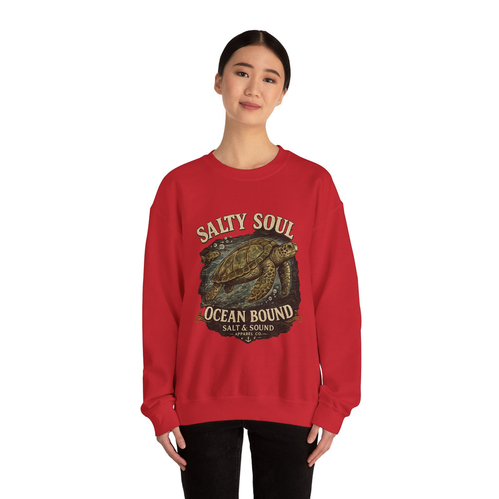 Sea Turtle Crewneck Sweatshirt - "Salty Soul Ocean Bound" Vintage Coastal Pullover