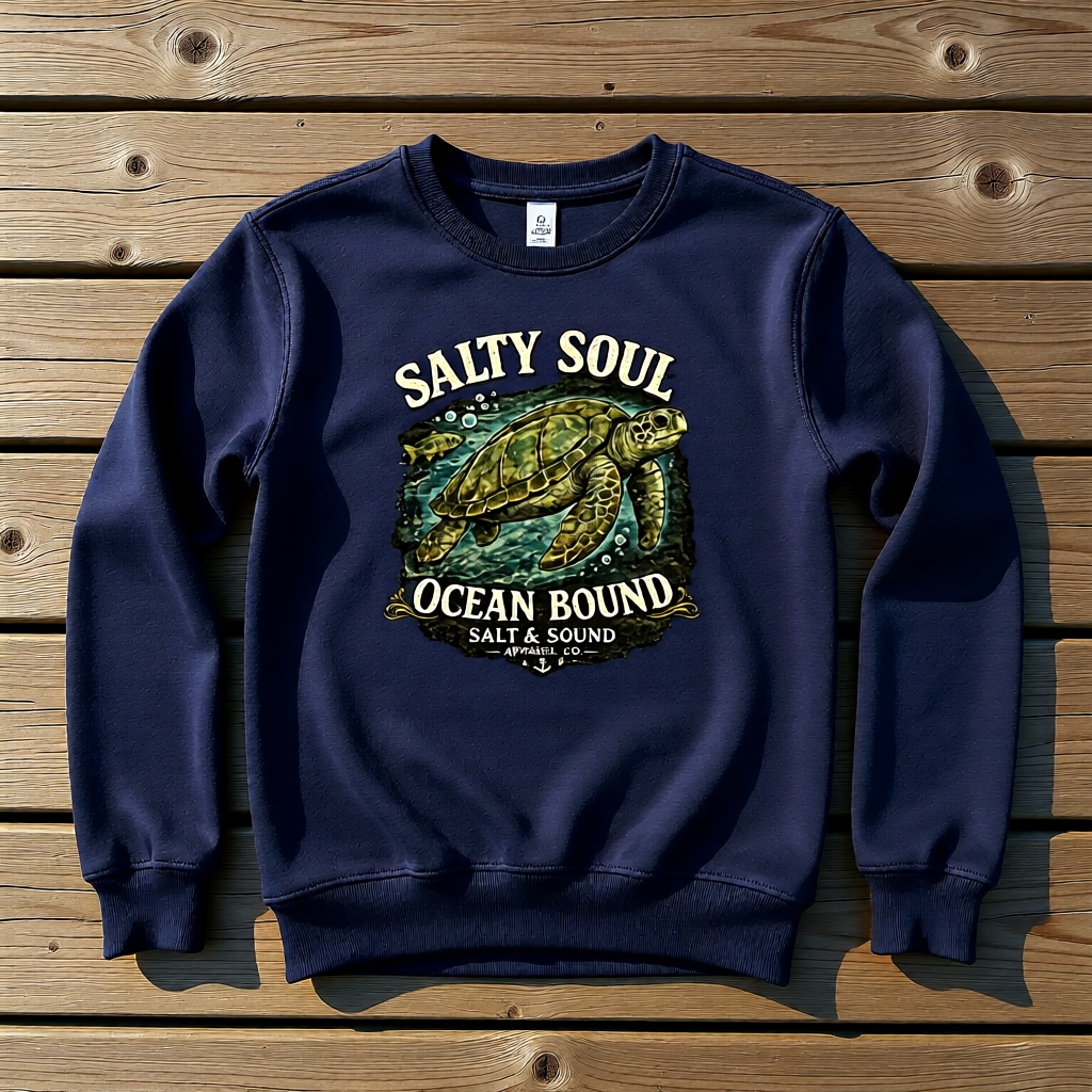 Sea Turtle Crewneck Sweatshirt - "Salty Soul Ocean Bound" Vintage Coastal Pullover